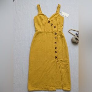 Yellow Button-Front Midi Dress with Sweetheart Neckline